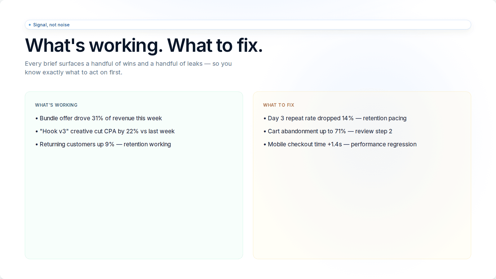 What is working. What to fix.